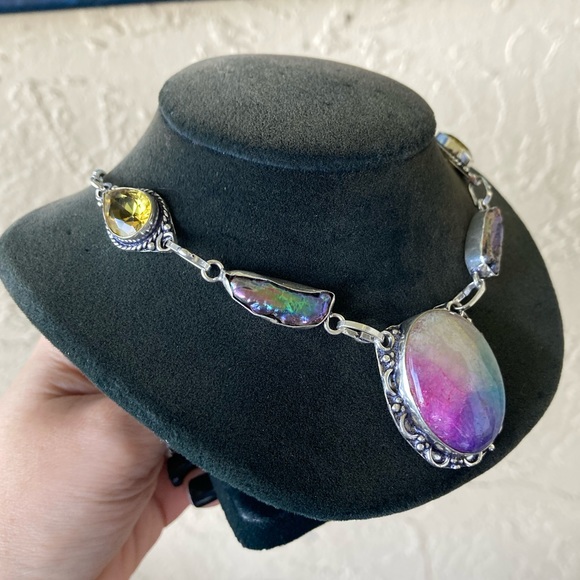 925 sterling silver overlay citrine black pearl Rainbow solar quartz necklace - Picture 9 of 15